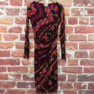 Fuzzi Dress Womens XL Black Multicolor Floral Abstract Mesh Ruched Bodycon Italy